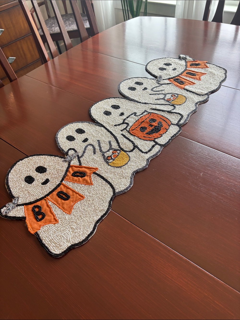 At Home Happy Haunting Handcrafted Beaded table runner,ghosts,pumpkin,Halloween